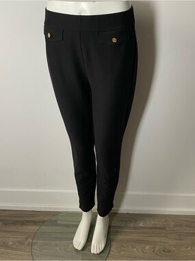 Michael Kors Black Cropped Ponte Slim Leg Pants with Gold Buttons